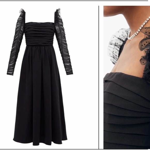 Self-Portrait Dresses & Skirts - self-portrait Crepe Dot Mesh Sleeved Midi Dress Black Ruffle Polka Dot XL